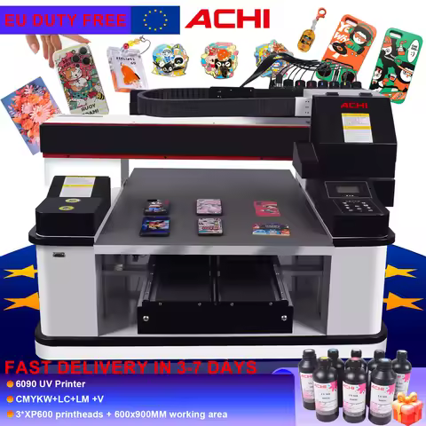 ACHI 6090 UV Printer with XP 600 Printer head Varnish UV Printer Automatic LED Flatbed Printer for B