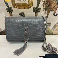 聖羅蘭 YSL  KATE 灰色鱷魚壓紋流蘇包 鏈條包 肩背包