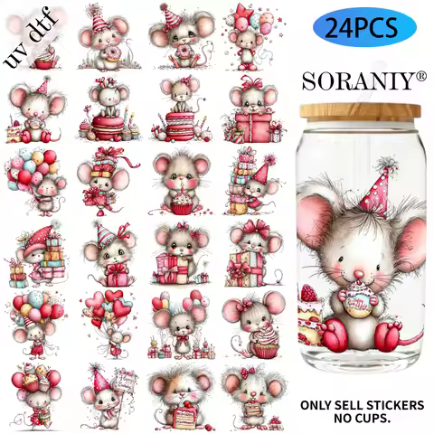 24PCS/Set Whimsical Birthday Mouse Themed UV DTF DIY 16OZ Transfer Stickers Water Bottles Glass Bott