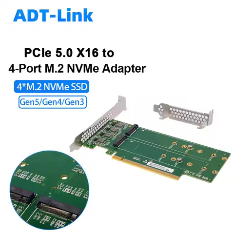 ADT-Link PCIe 5.0 X16 To 4 Port Quad 4X M.2 NVMe SSD Adapter Card Support 22110 / 4* M.2 M-key Conne
