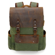 Waxed Canvas Backpack, Leather Rucksack Knapsack for Men Woman Vintage Travel Laptop Backpack 15.6 I