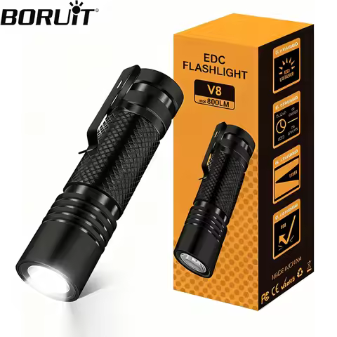 BORUiT V8 EDC Flashlight 18650 USB C 800LM Rechargeable Powerful Torch 5 Lighting modes 1200mAh Buil