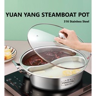 Yuan Yang Steamboat Pot 32cm Stainless Steel Induction Hotpot Dual Pot Glass Lid Yuanyang
