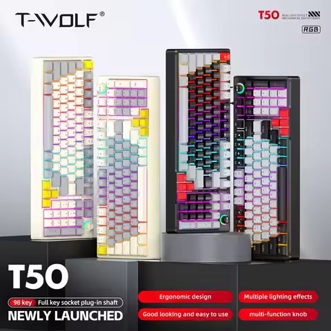 T-WOLF T50 RGB Wired Gaming Keyboard 98 Keys Full Key Detachable Multifunctional Knob Compatible wit