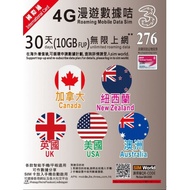 美國 加拿大 英國 澳洲 紐西蘭 30日 4G 10GB 其後3G無限上網卡  包平郵 $140