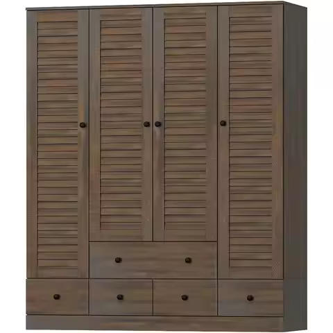 4-Door Wooden Wardrobe with 5 Drawers and Hanging Space, Brown Wood-Grain Finish, 19.1 Deep x 59.1 W