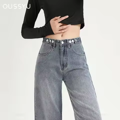 Womens Straight Jeans Adjust Elastic High Waist Vintage Denim Pants Leisure Streetwear Style Fashion