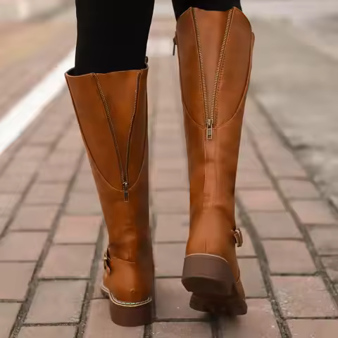 Women Knee High Boots Fashion Low Heels Square Platform Long Boots Brown Black Leather Zip Winter Wo