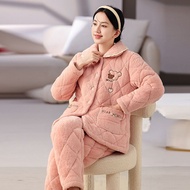 Pajamas Women's Season Three-Layer Quilted Brushed Thickened Extra Thick Lapel Warm Cold-Resistant C