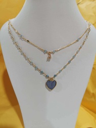 สร้อยคอโซ่ทอง สร้อยคอสายมู สร้อยคอจี้หิน บลู เรซ อาเกด รูปหัวใจ และหิน อความารีน 3mm.