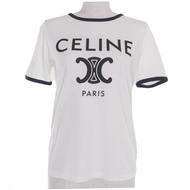 CELINE 2X872671Q 100%純棉，Hedi CELINE PARIS Triomphe 標誌印花圓領短袖T卹，白色，XS碼，正品，法國製造，女款，成色極佳。