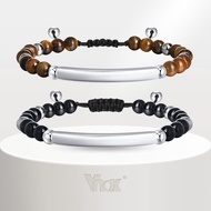Vnox New Adjustable Bead Bracelet for Men Women, Stainless Steel Natural Stone Bead Elastic Couple B