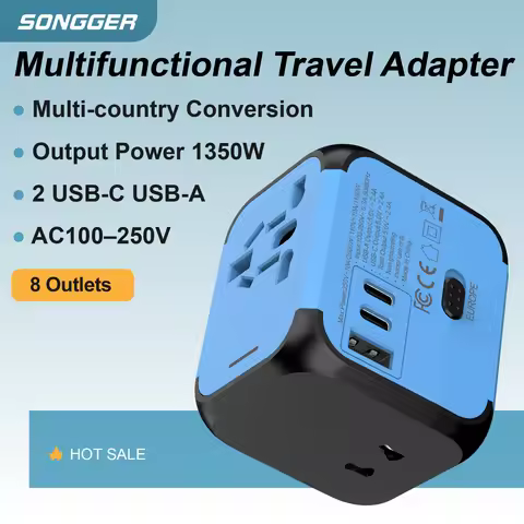 Worldwide Travel Plug Adapter AC100-250V 1350W Safe Converter Cube with 8 Outlets 2 USB C plus USB A