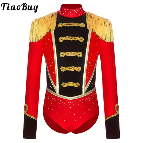 Girls Circus Ringmaster Costume Showman Majorette Tassel Bodysuit Jumpsuit Leotard Halloween Carniva