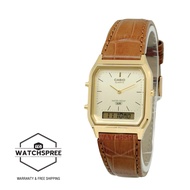 [Watchspree] Casio Analog-Digital Vintage Style Square Dial Dual Time Brown Leather Strap Watch AQ23