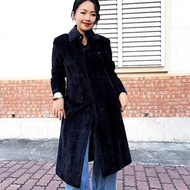 深黑藍色特殊少見絨面短毛 古著羊毛中長版大衣外套 overcoat