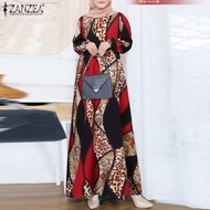 HijabFab ZANZEA Muslimah Women Muslim Modest Dress Abaya Retro Printed Long A-Line Dress Baju Raya Long Sleeve Maxi Sundress Islamic Dress #23-5