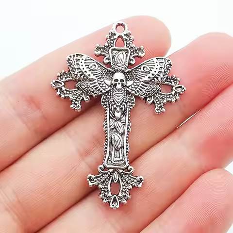 JINDINSP 4pcs 51x37mm Gothic Cross Skull Moth Charms For Jewelry Making DIY Jewelry Findings Antique