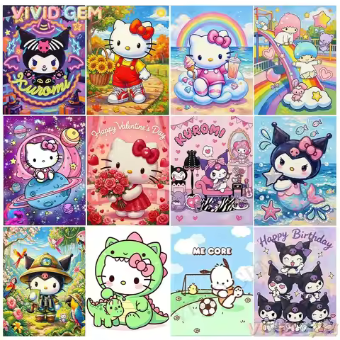 VIVID GEM Sanrio Hello Kitty Cartoon Mosaic Diamond Painting Full Drill Round Square Art Cross Stitc