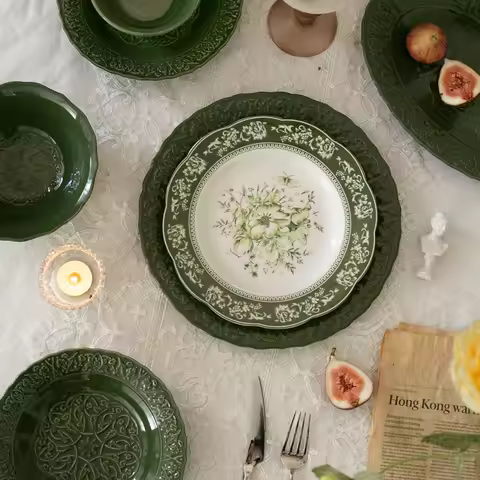 French Emerald Retro-style Embossed Lace Ceramic Dinner Plates, Ceramic Bowls, Rectangular Snack Pla