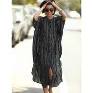 Black Stripe Shirt Dress Women's Button Kaftan Baju Kelawar Simple Style Elegant Fashion Casual Wear Ladies Duster Loose Plus Size Overall Beach Cover Ups