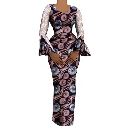 Women African Outfits 2 Pieces Set Shiny Flare Sleeves V Neck Tops and Long Pencil Skirts African Cl