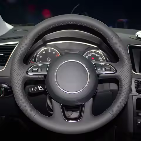 Black Genuine Leather Car Steering Wheel Cover for Audi Q3 (8U) 2011-2018 Q5 (8R) 2012-2017 Q7 (4L) 