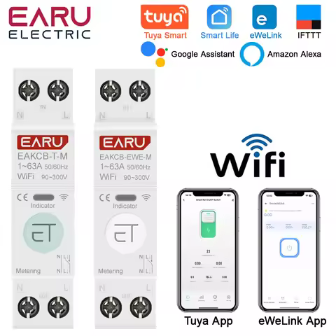 Tuya eWeLink WiFi Smart Circuit Breaker 1P+N 63A MCB Time Relay Switch Energy Meter kWh Voltage Curr
