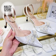 Giày cưới cao gót nữ 7cm HALEY STORE bít mũi nhọn quai đính min nơ ngọc đá xoàn tiểu thư công chúa c