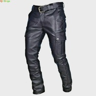 Mens Leather Motorcycle Pants with Cargo Pockets Black PU Pants  No Belt Men Trousers Big Size S-5XL