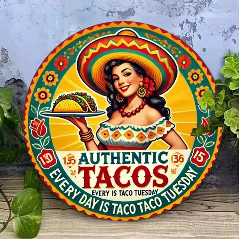 20CM 1PCS 2D Wooden Round Disc Vintage Mexican Lady Taco Wall Art Bar Cafe Club & Kitchen Home Garde