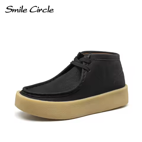 Smile Circle Wallabee Cup Ankle Boots Women Round Toe Lace-up Flat Shoes Genuine Leather Hi-top Casu