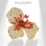 Natural Pearl Red Agate Flower Brooch High-End Zircon Inlaid Luxury Clothing Accessories Corsage Pin