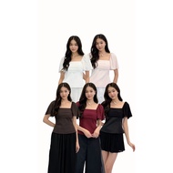 (QUEEN OF TEXTURES) Yvette Mesh Ruched Pleated Sleeve Top