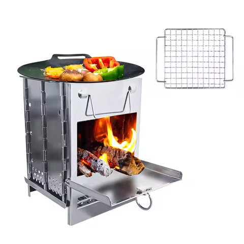 Wood Burning Folding Camp Stove, Stainless Steel Grid, Portable Collapsible Backpacking Stove Surviv