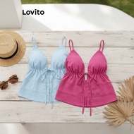 Lovito Casual Tank Top Plain Ruffle Neck Lace Up Draped Tank Top for Women L90AD016\3