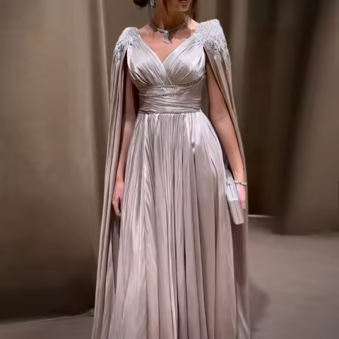 Sharon Said Luxury Crystal Rose Gold Evening Dress with Cape Elegant V-Neck Turquoise Women Wedding 