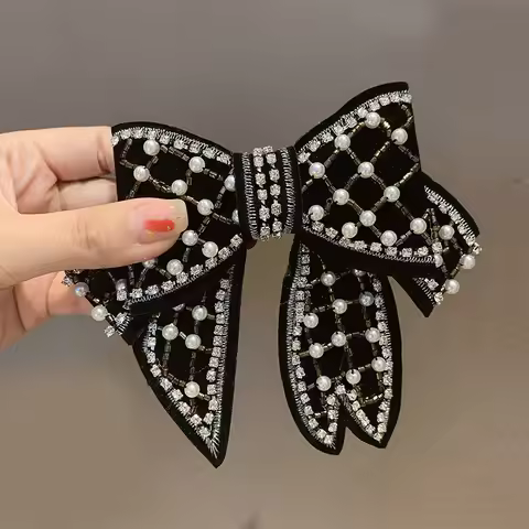 188CM Brand Oversized Pearl Ribbon Hair Clip Barrette Handmade Crystal Beaded Artistic Velvet Hair A