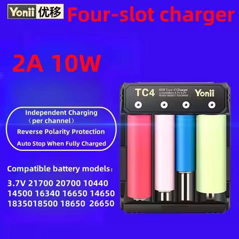 Yonii 4 Slots 18650 USB Battery Charger Portable Charger For 18650/14500/21700 3.7V Rechargeable Lit