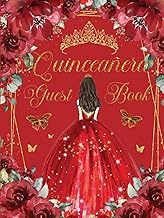Quinceanera Guest Book Hardcover Red Flowers Floral Princess Dress Gold: Mis Quince Años ( Sweet 15 