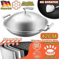 Tollo_regina 42CM Kitchen Honeycomb Non Stick Cooking Frying Wok SU304 Stainless Steel with Lid Cove