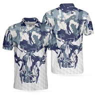 Blue And White Camouflage Golf Set Short Sleeve Skull Golf Polo Shirt Best Camo Golf Shirt For Men