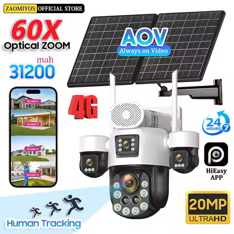 4 Lens Outdoor 360° Surveillance Solar Camera 20MP 60X Optical Zoom 4G SIM Home Security PTZ Auto Tr