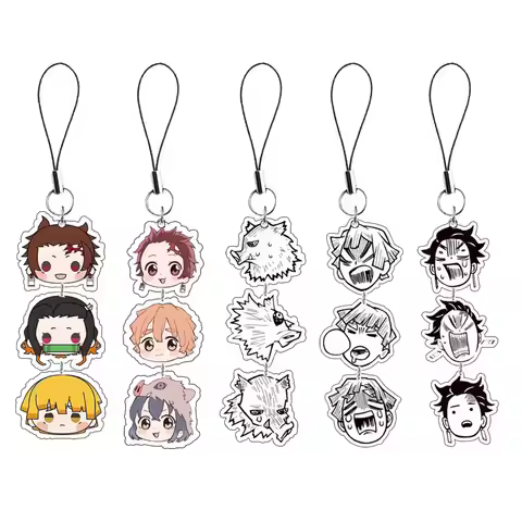 Demon Slayer Keychain Cartoon Acrylic Kamado Tanjirou Hashibira Inosuke Anime Long Pendant Mobile Ph