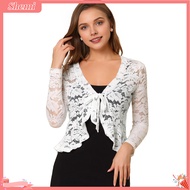 shemi Floral Lace Trim Coat Long Sleeve Ruffled Hem Top Elegant Lace Bolero Cardigan for Women Tie F