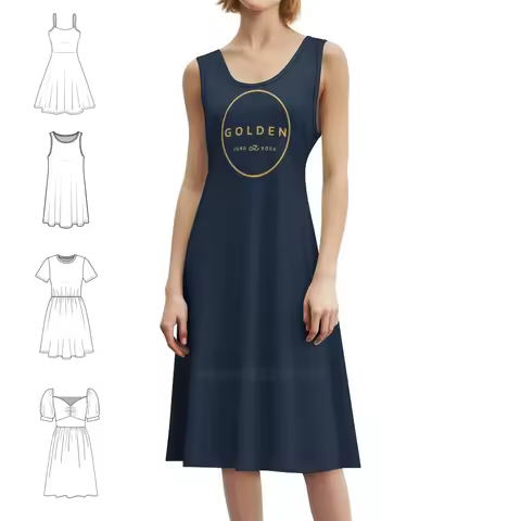 Golden Album Circle Logo Seven / Golden Dark Blue Bohemian Sleeveless Dress For Women Print Beach Pa