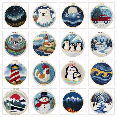 scenery Punch Needle Kits for Beginners Animal with Embroidery Hoop DIY Punch Needle Starter Kit Sew