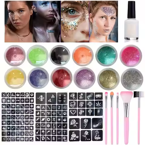 12 Colors of Glitter DIY Flash Tattoo,Includes Multiple Tattoo Templates Glue Brushes Set,DIY Glitte