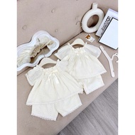 (X14) Set bộ quần áo bé gái Set áo ren thêu cổ nơ kèm quần sooc đùi cho bé đi du lịch đi biển