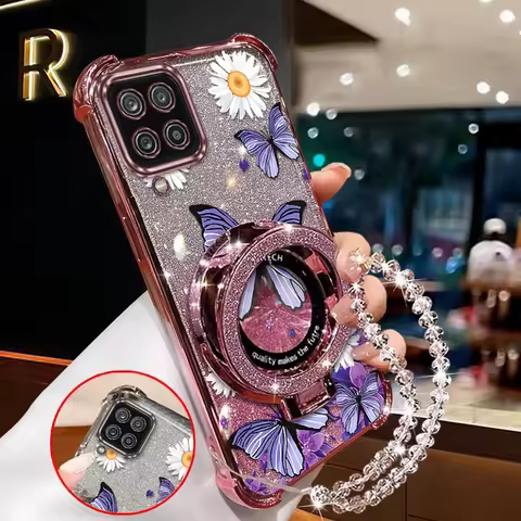 A12 Flower butterfly Plating Bracelet Holder Phone Case For Samsung A12 A12S A15 A13 A22 A04 A03S A0